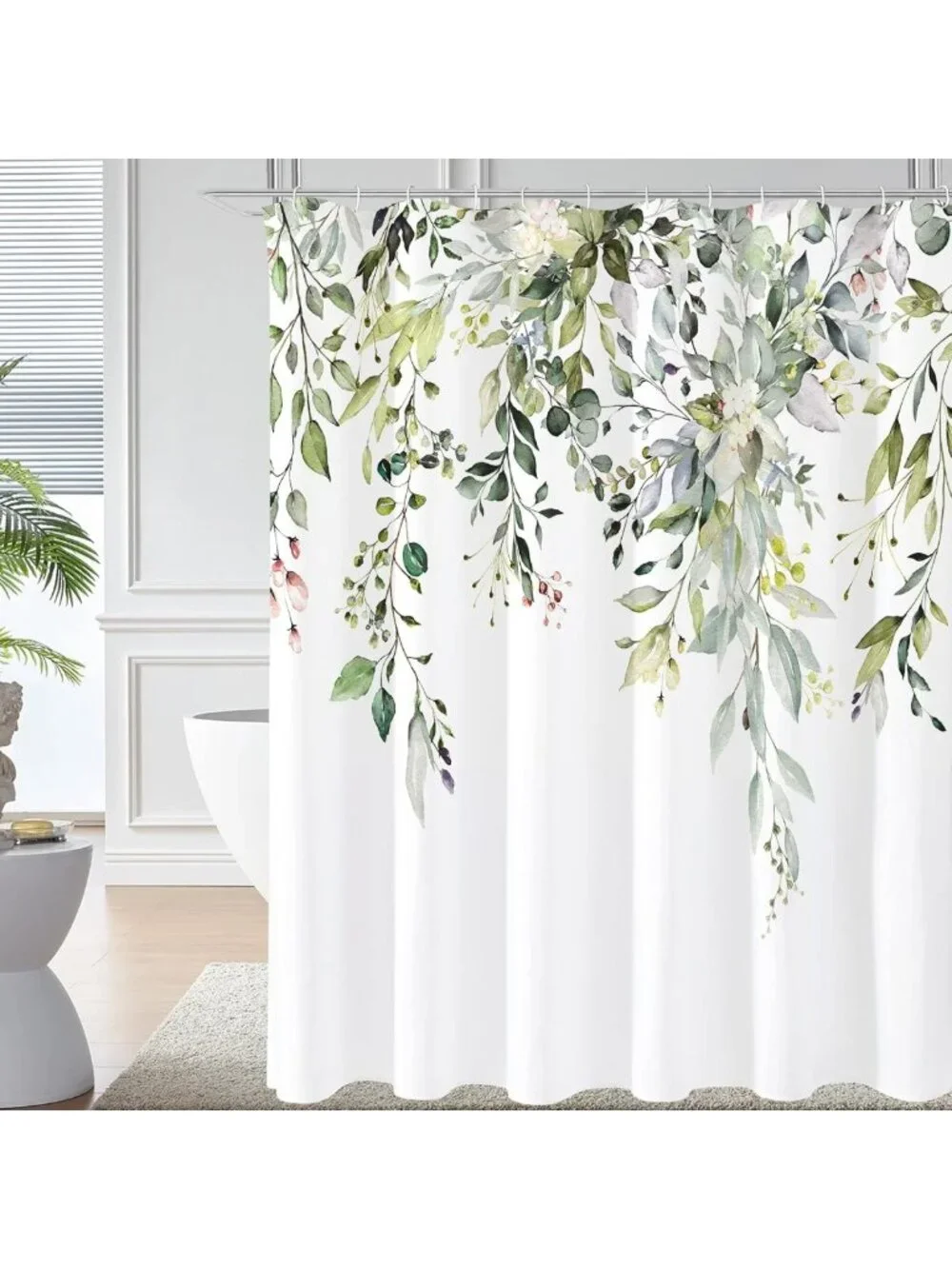 Sage Green Eucalyptus Shower Curtain Set | Floral Watercolor Bathroom Decor